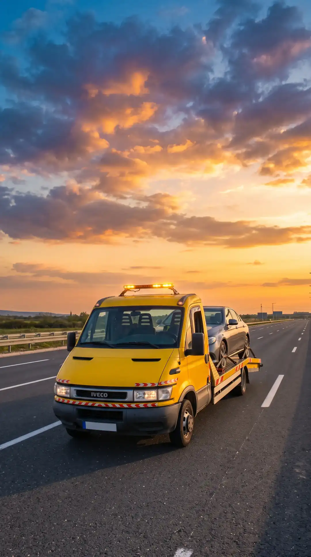 Žuti auto-vuč vučne službe na autocesti u zalasku sunca